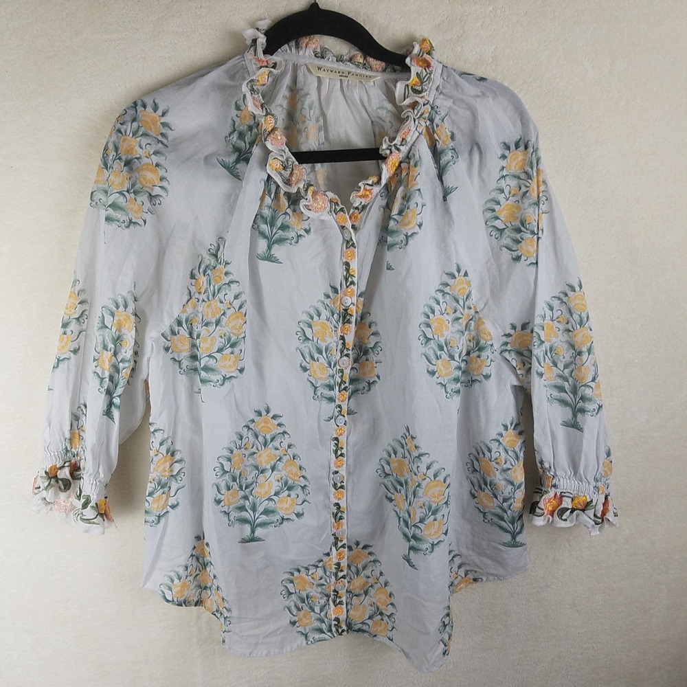 Wayward Fancies eShakti Blouse Women M White Floral Cottn Boho Ruffle embroidery